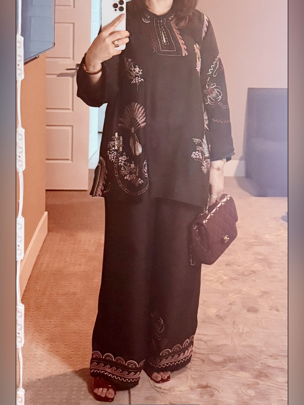 Black Embroidered Women’s Tunic and Wide-Leg Pants Set